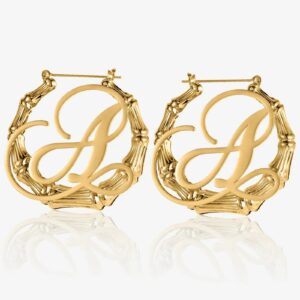 Bamboo Initial Hoop Earrings | Custom Premium Metal Alloy Earrings - Engravely