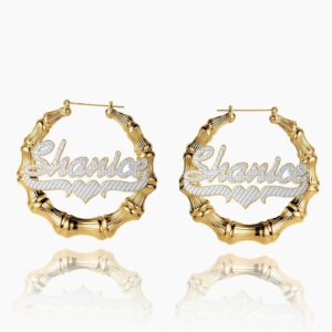 Double Plated Bamboo Name Hoop Earrings | Custom 18K Gold Plated Earrings - Engravely