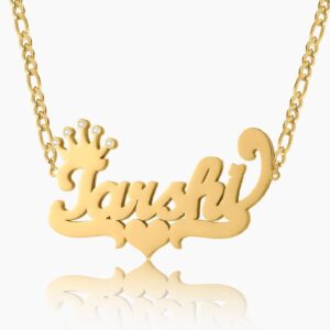 Double Plated Crown Heart Name Necklace w/ Figaro Chain | Custom 18K Gold Plated Name Necklace - Engravely