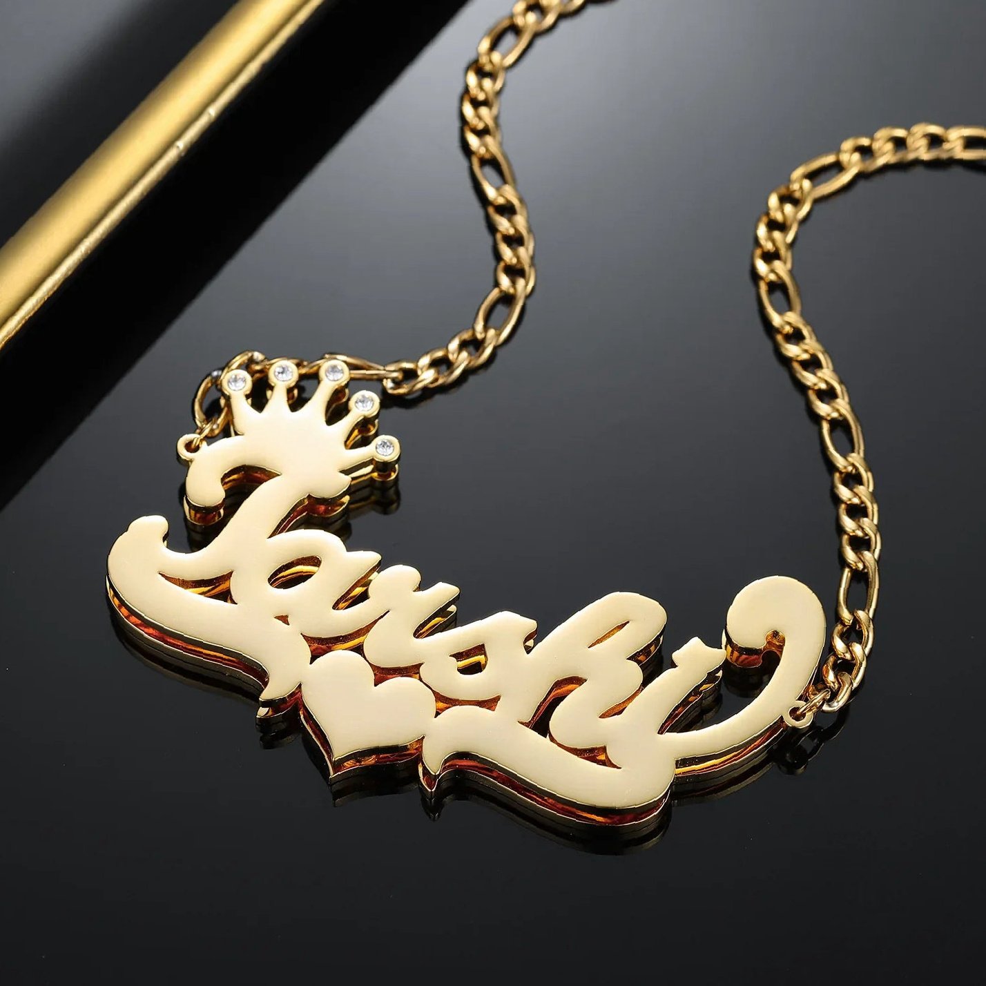Double Plated Crown Heart Name Necklace w/ Figaro Chain | Custom 18K Gold Plated Name Necklace - Engravely - Image 3