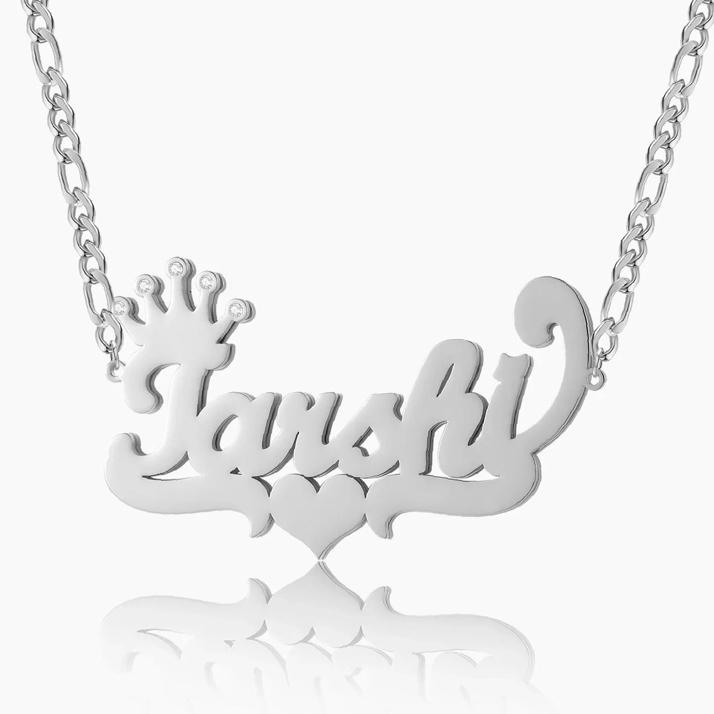 Double Plated Crown Heart Name Necklace w/ Figaro Chain | Custom 18K Gold Plated Name Necklace - Engravely - Image 4