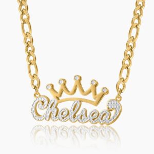 Double Plated Crown Name Necklace w/ Figaro Chain | Custom 18K Gold Plated Name Necklace - Engravely