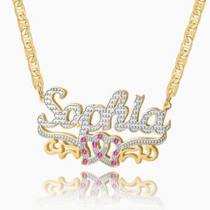 Double Plated Double Heart Name Necklace w/ Clip Chain | Custom 18K Gold Plated Name Necklace - Engravely