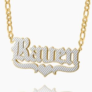 Double Plated Gothic Name Necklace w/ Figaro Chain | Custom 18K Gold Plated Name Necklace - Engravely