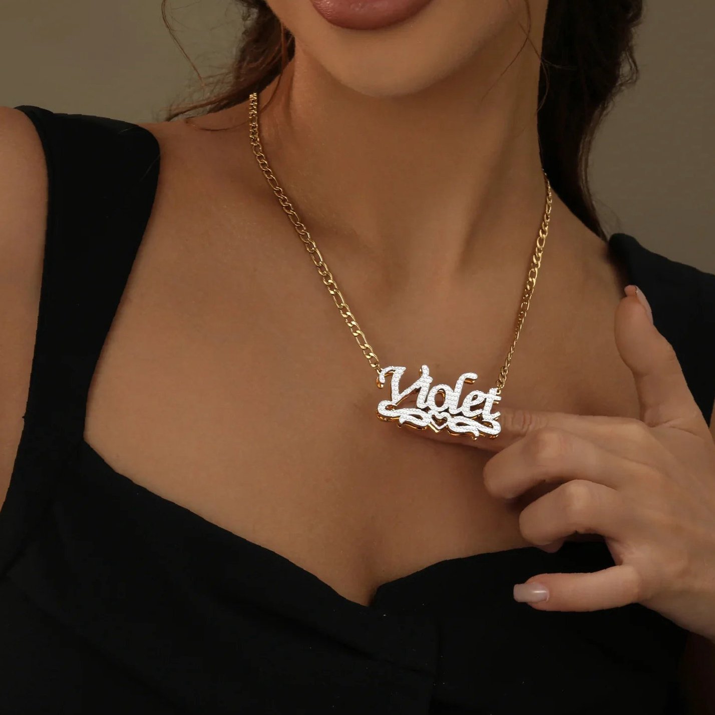 Double Plated Heart Title Name Necklace w/ Figaro Chain | Custom 18K Gold Plated Name Necklace - Engravely - Image 2