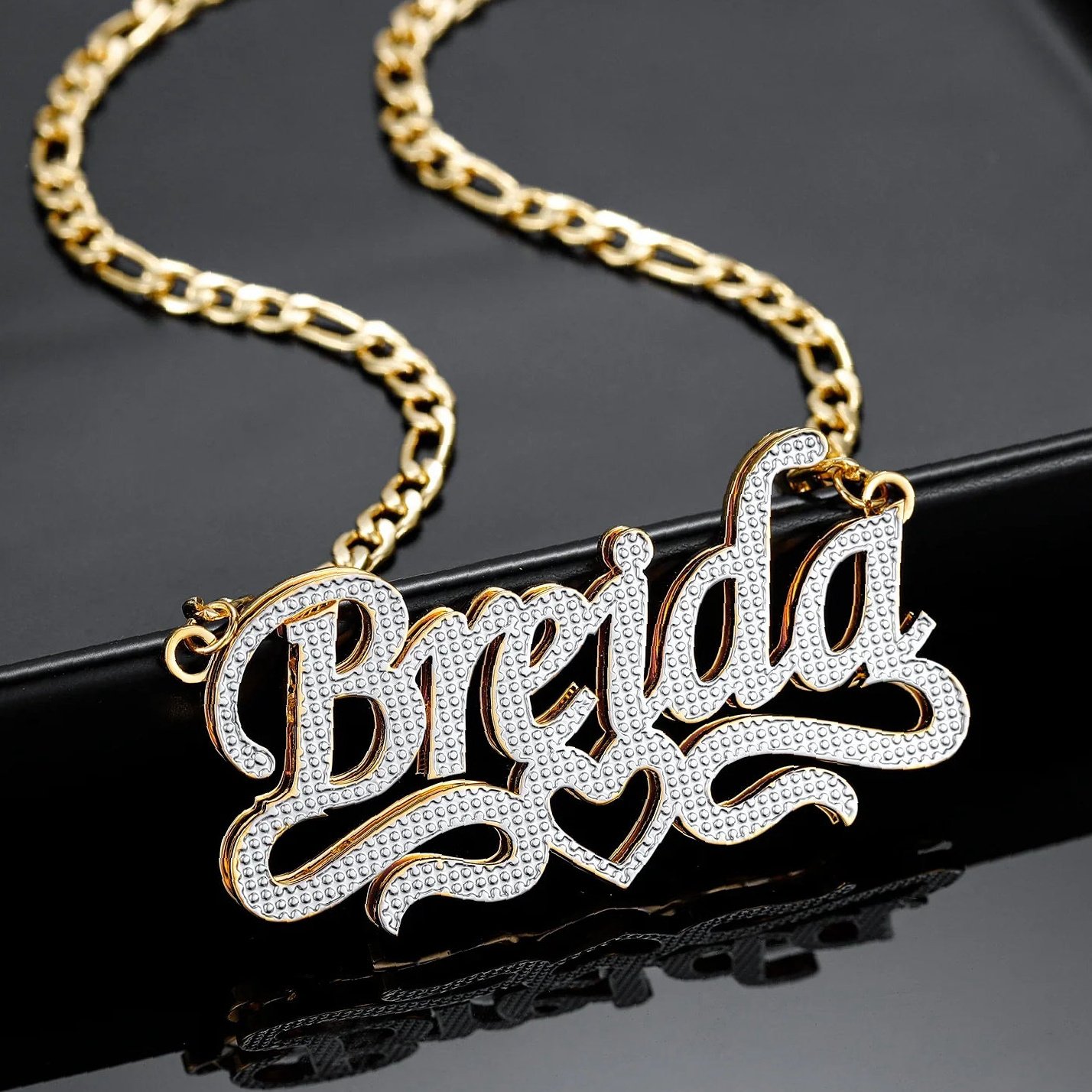 Double Plated Heart Title Name Necklace w/ Figaro Chain | Custom 18K Gold Plated Name Necklace - Engravely - Image 3