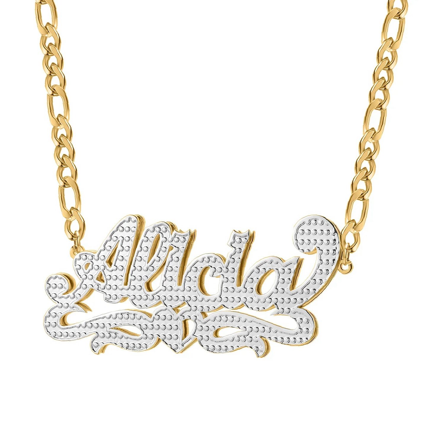 Double Plated Heart Twirl Name Necklace w/ Figaro Chain | Custom 18K Gold Plated Name Necklace - Engravely - Image 2