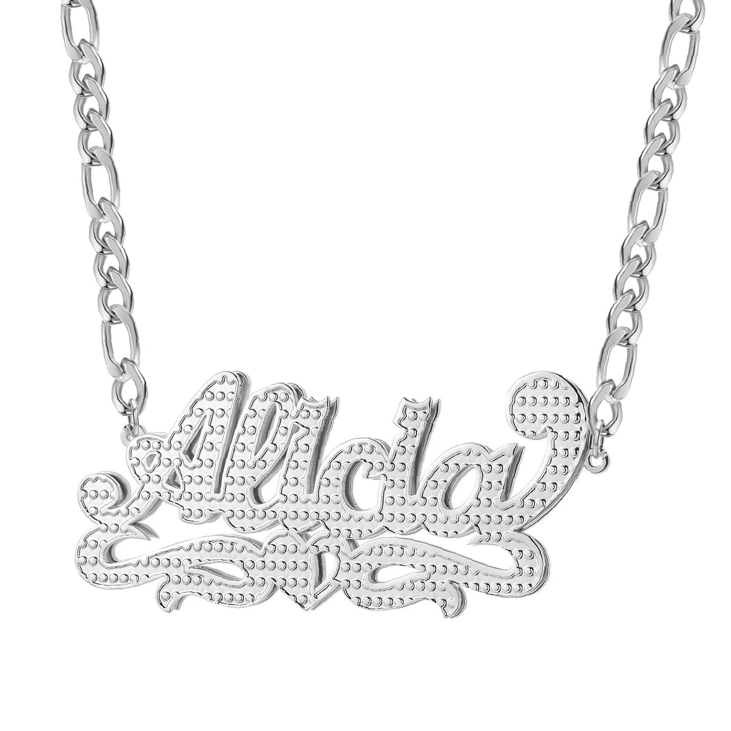 Double Plated Heart Twirl Name Necklace w/ Figaro Chain | Custom 18K Gold Plated Name Necklace - Engravely - Image 3
