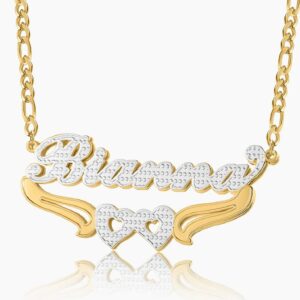 Double Plated Hearts Name Necklace w/ Figaro Chain | Custom 18K Gold Plated Name Necklace - Engravely
