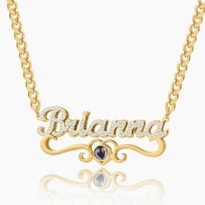 Double Plated Iced Heart Photo Name Necklace w/ Cuban Chain | Custom 18K Gold Plated Name Necklace - Engravely