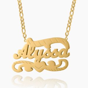 Double Plated Name Heart Necklace w/ Figaro Chain | Custom 18K Gold Plated Name Necklace - Engravely