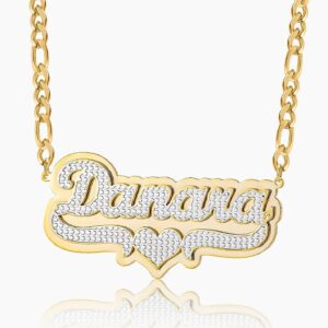 Double Plated Pop Out Heart Name Necklace w/ Figaro Chain | Custom 18K Gold Plated Name Necklace - Engravely
