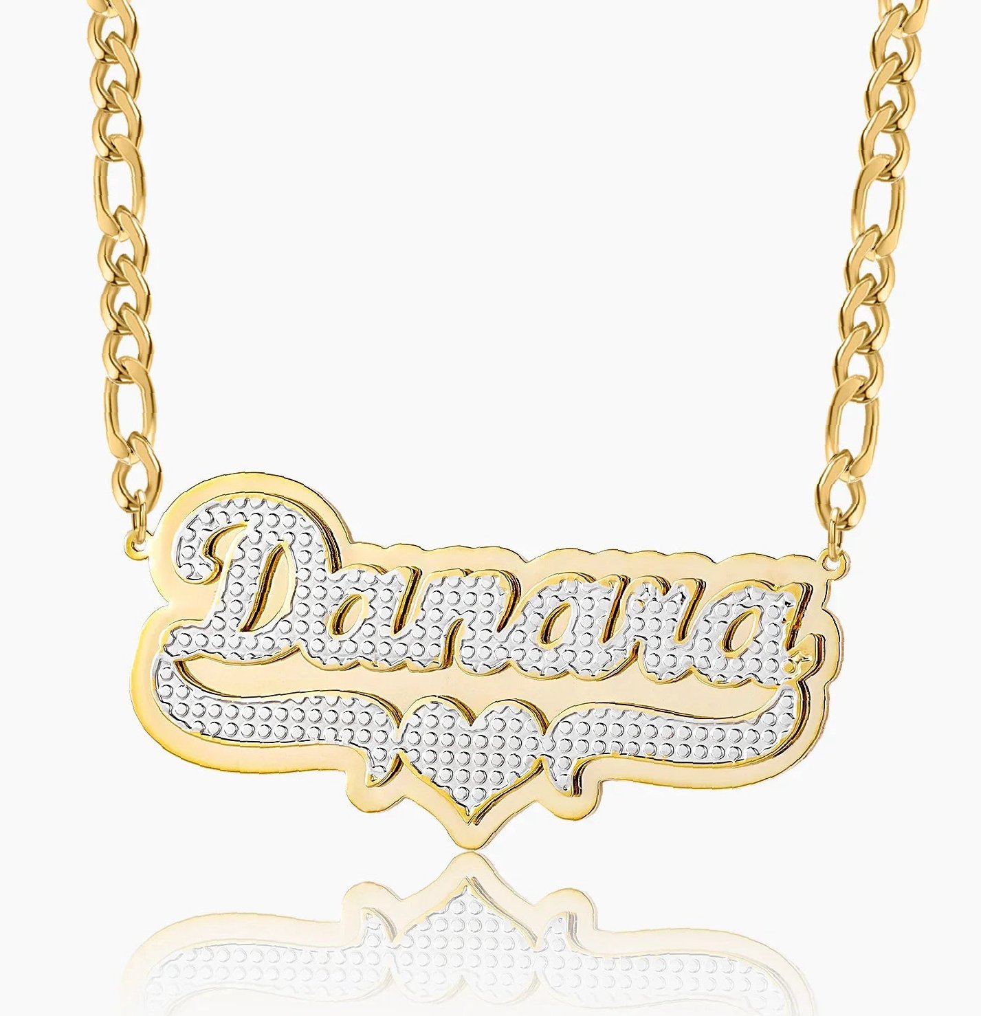 Double Plated Pop Out Heart Name Necklace w/ Figaro Chain | Custom 18K Gold Plated Name Necklace - Engravely