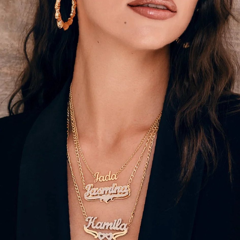 Double Plated Pop Out Heart Name Necklace w/ Figaro Chain | Custom 18K Gold Plated Name Necklace - Engravely - Image 2