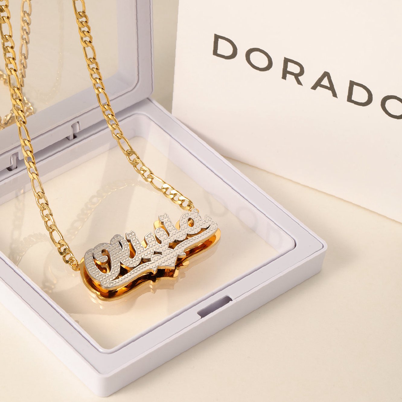 Double Plated Pop Out Heart Name Necklace w/ Figaro Chain | Custom 18K Gold Plated Name Necklace - Engravely - Image 5