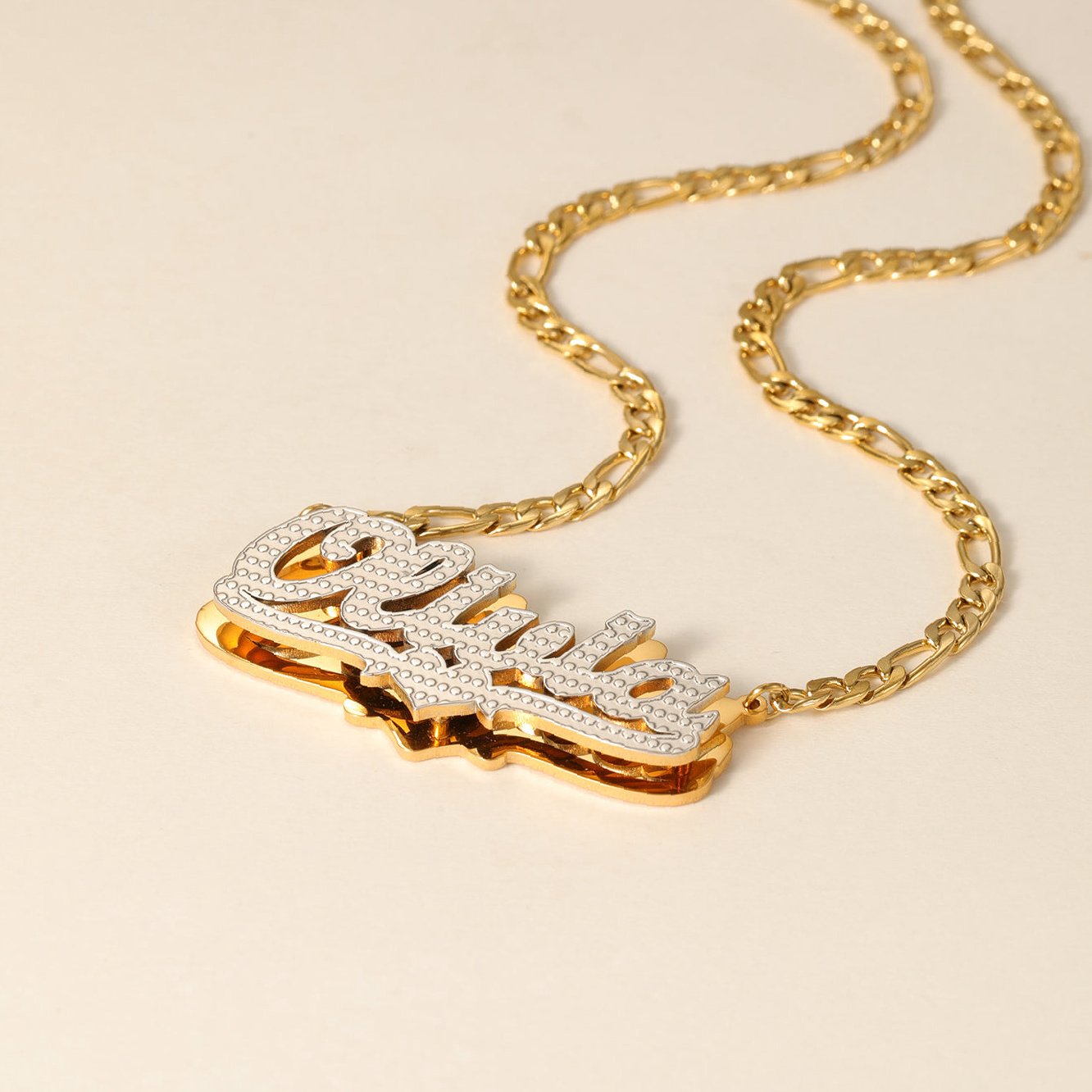 Double Plated Pop Out Heart Name Necklace w/ Figaro Chain | Custom 18K Gold Plated Name Necklace - Engravely - Image 6