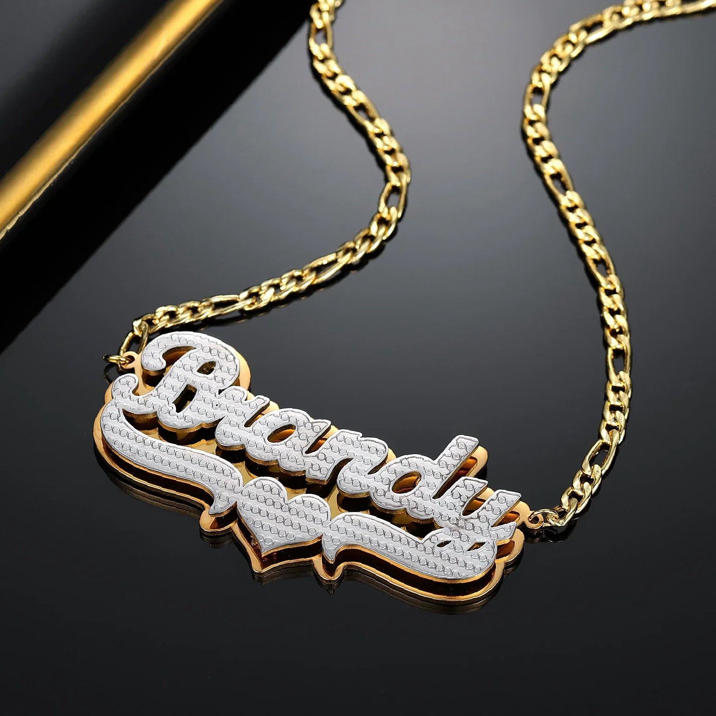 Double Plated Pop Out Heart Name Necklace w/ Figaro Chain | Custom 18K Gold Plated Name Necklace - Engravely - Image 8