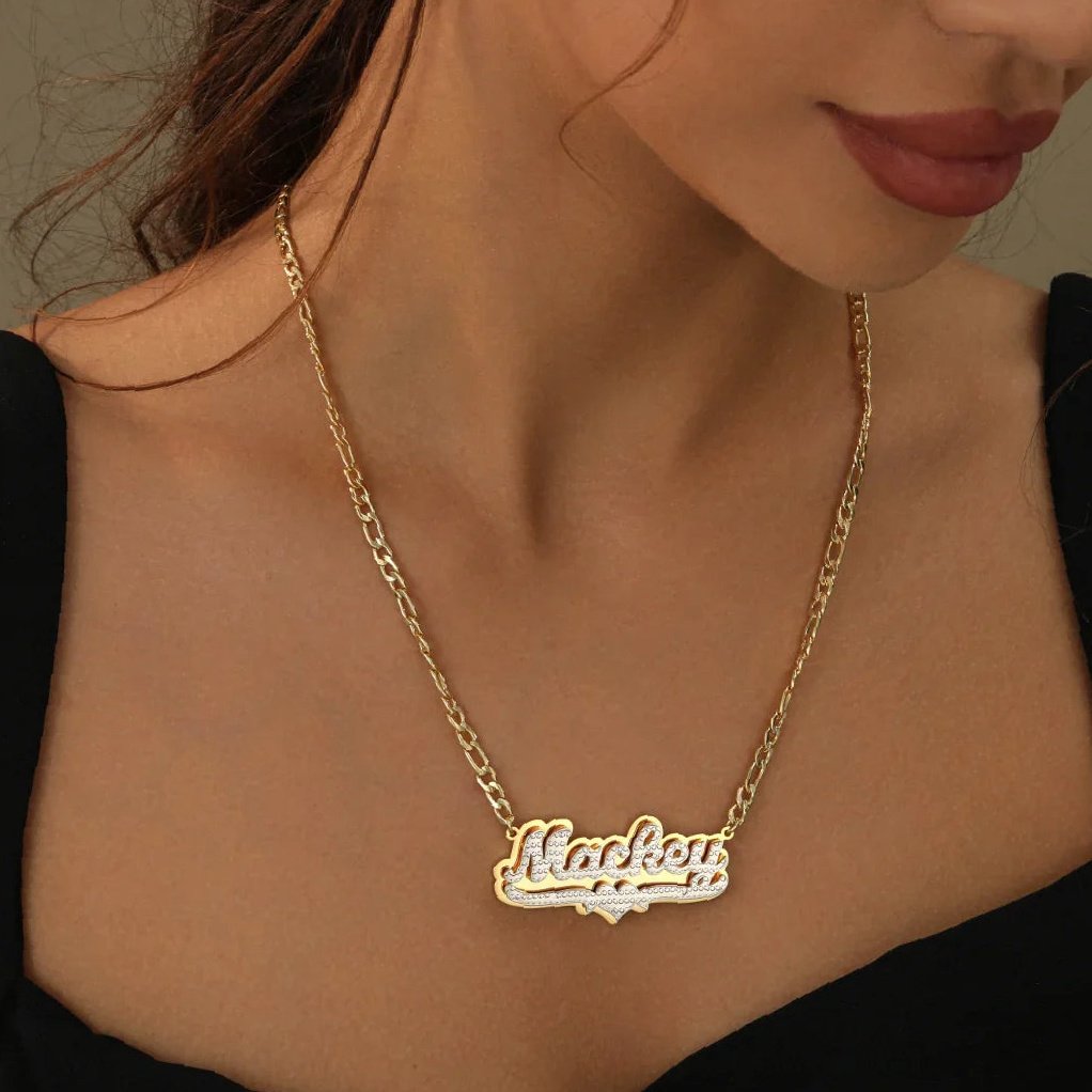 Double Plated Pop Out Heart Name Necklace w/ Figaro Chain | Custom 18K Gold Plated Name Necklace - Engravely - Image 10
