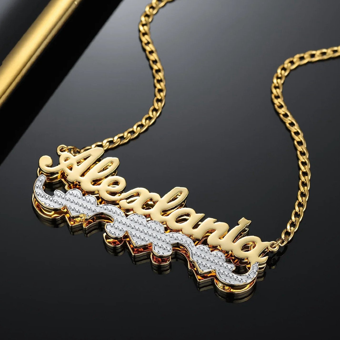 Double Plated Triple Heart Name Necklace w/ Cuban Chain | Custom 18K Gold Plated Name Necklace - Engravely - Image 3