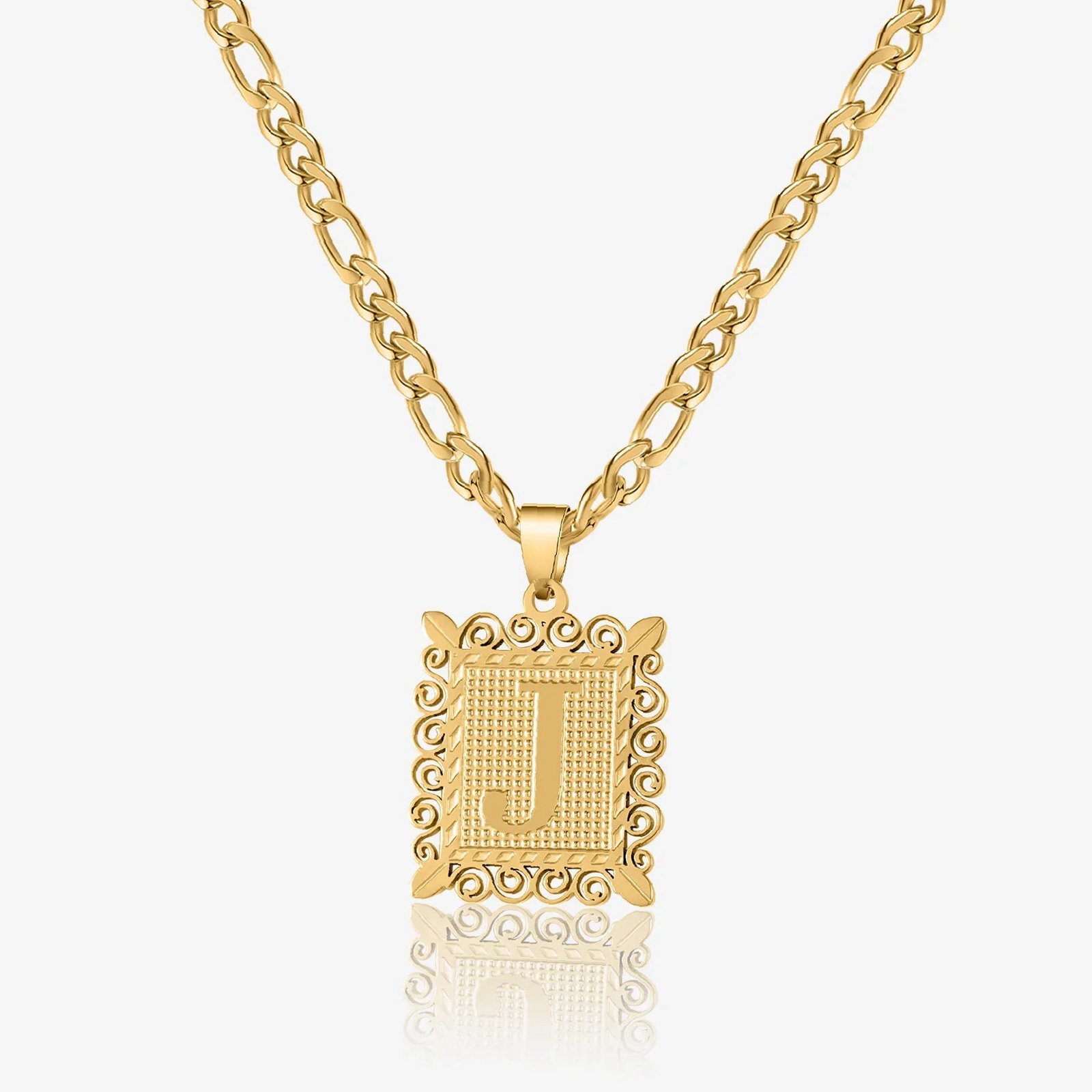 Eng ravely Embossed Initial Necklace with Figaro Chain