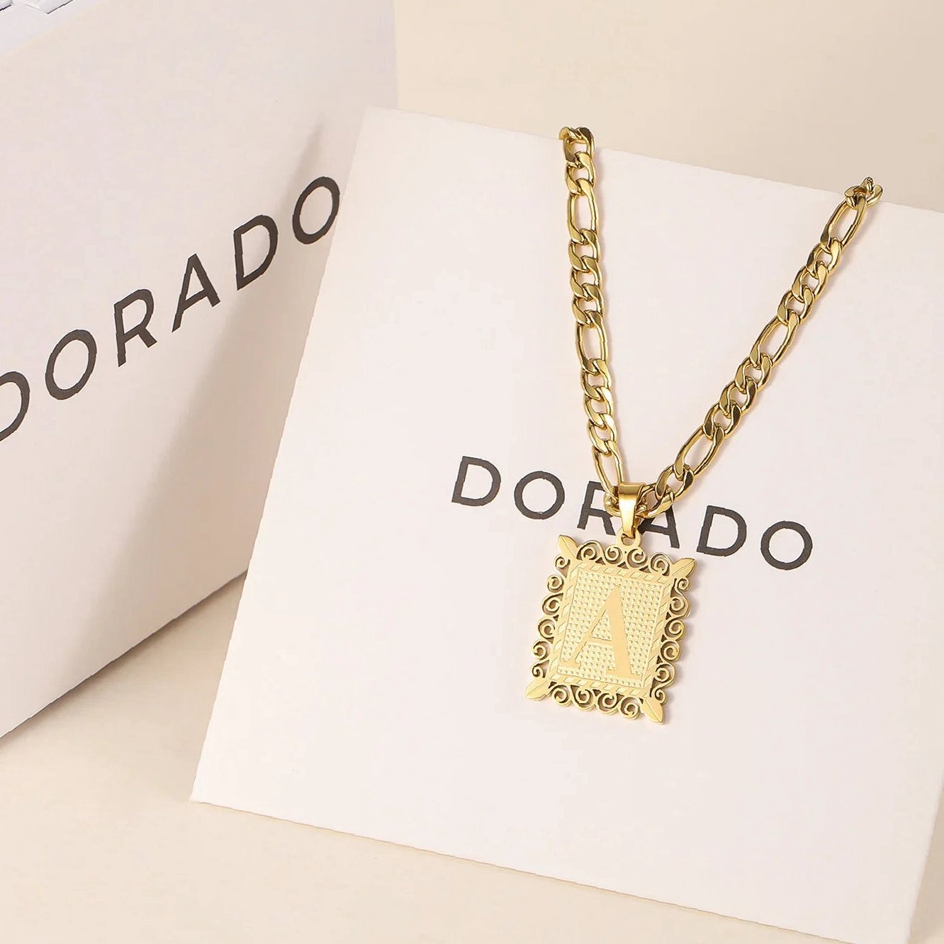 Eng ravely Embossed Initial Necklace with Figaro Chain - Image 3