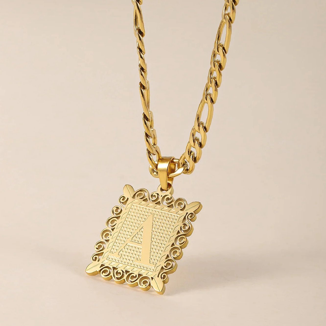 Eng ravely Embossed Initial Necklace with Figaro Chain - Image 4