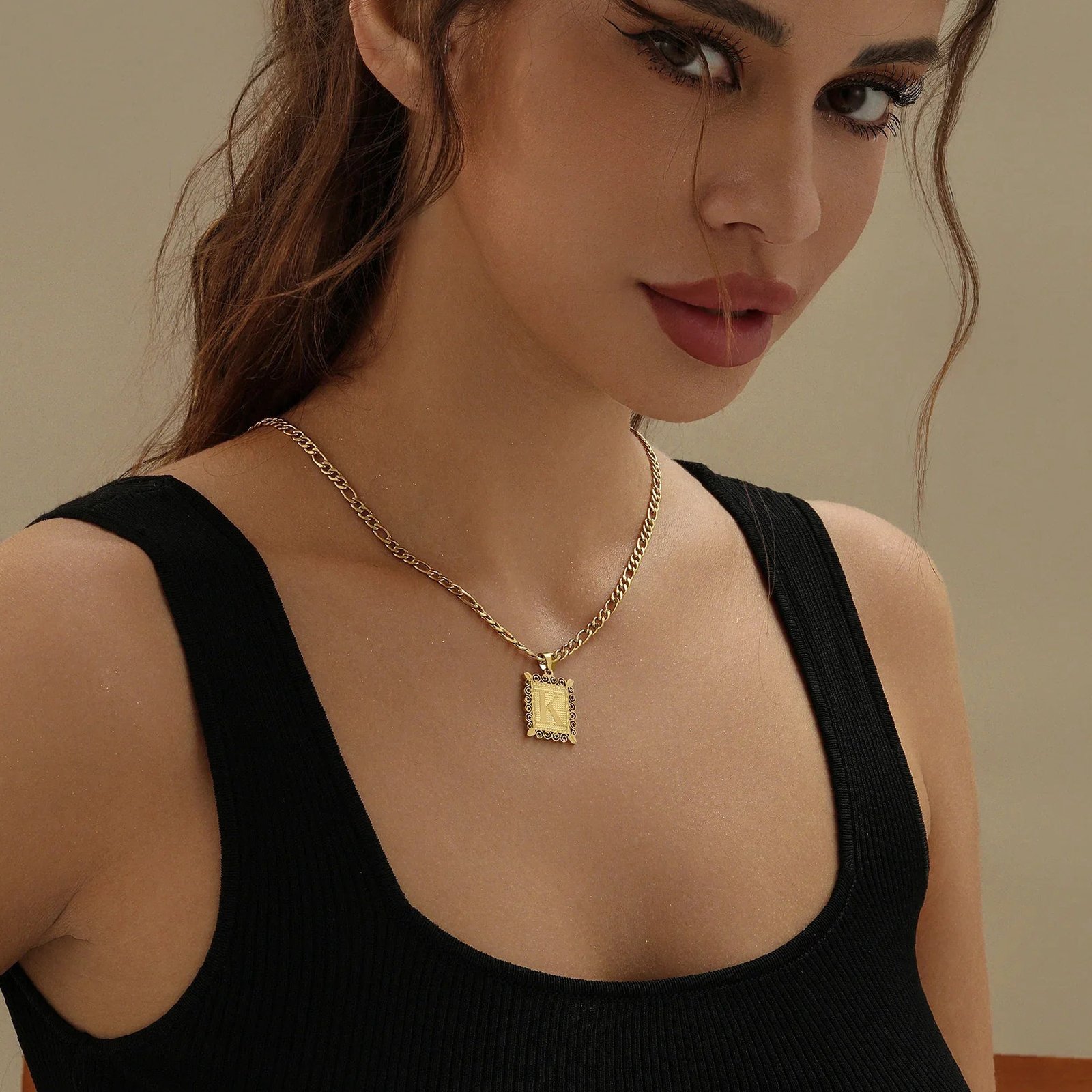 Eng ravely Embossed Initial Necklace with Figaro Chain - Image 5