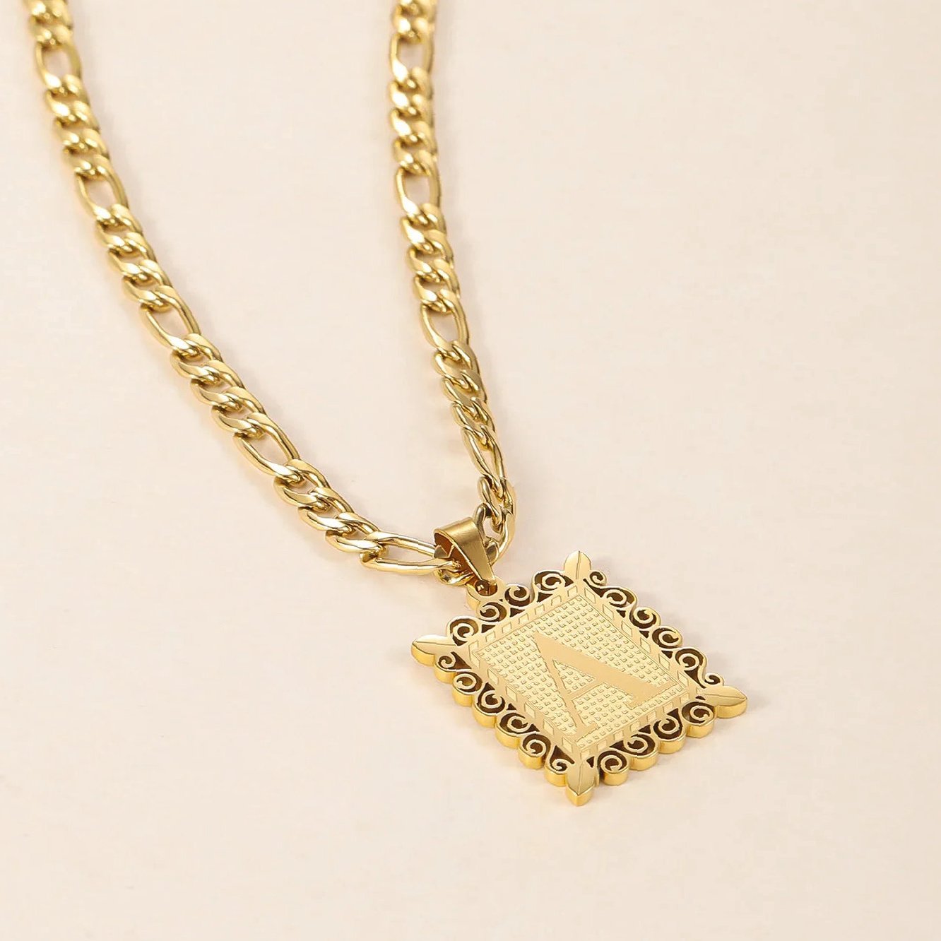 Eng ravely Embossed Initial Necklace with Figaro Chain - Image 6