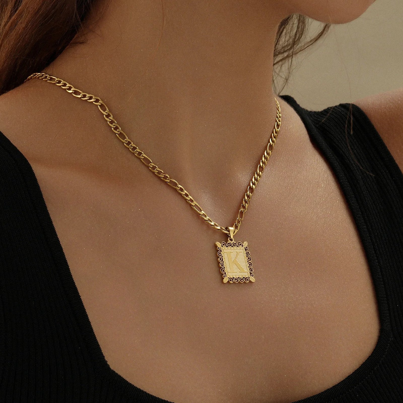 Eng ravely Embossed Initial Necklace with Figaro Chain - Image 7