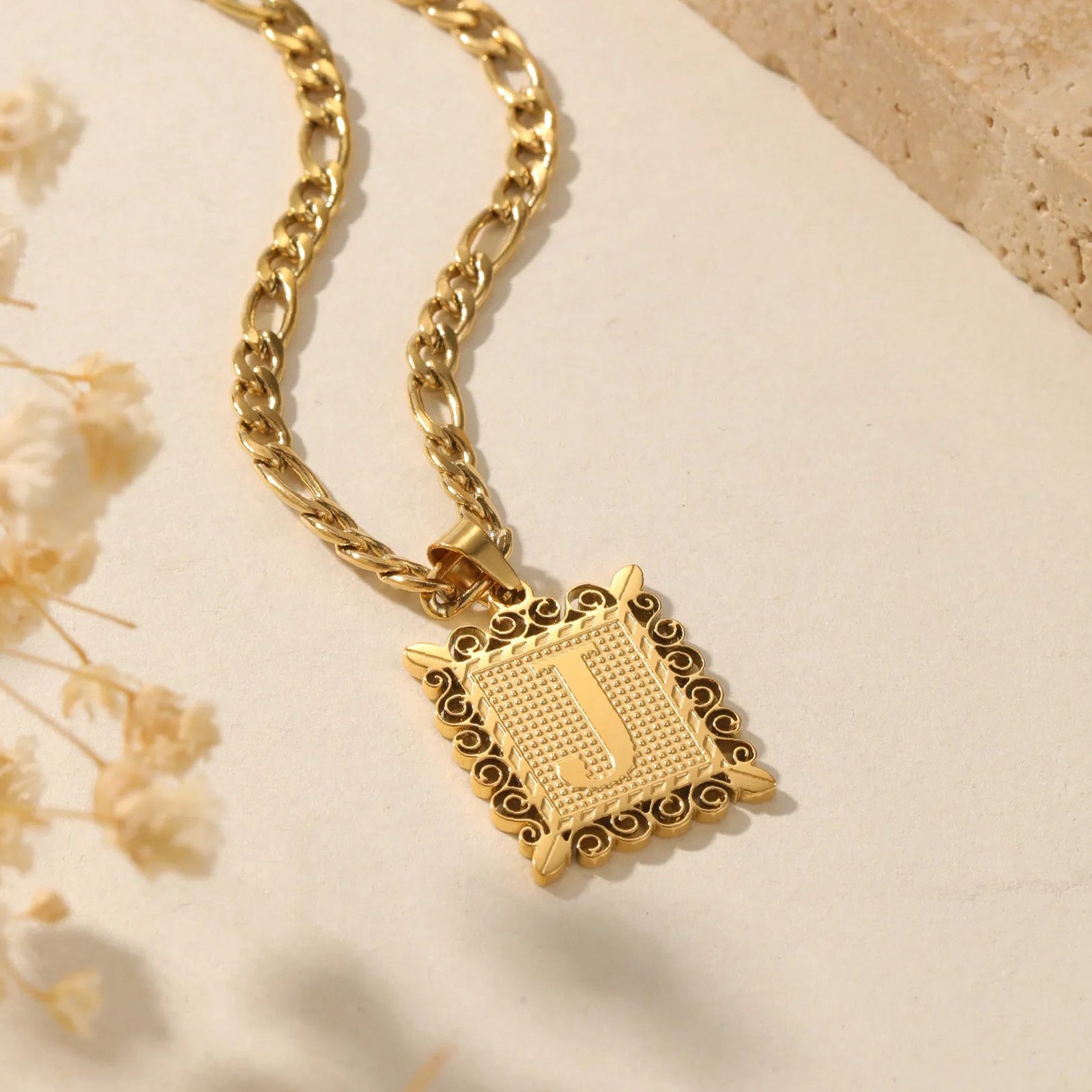 Eng ravely Embossed Initial Necklace with Figaro Chain - Image 8