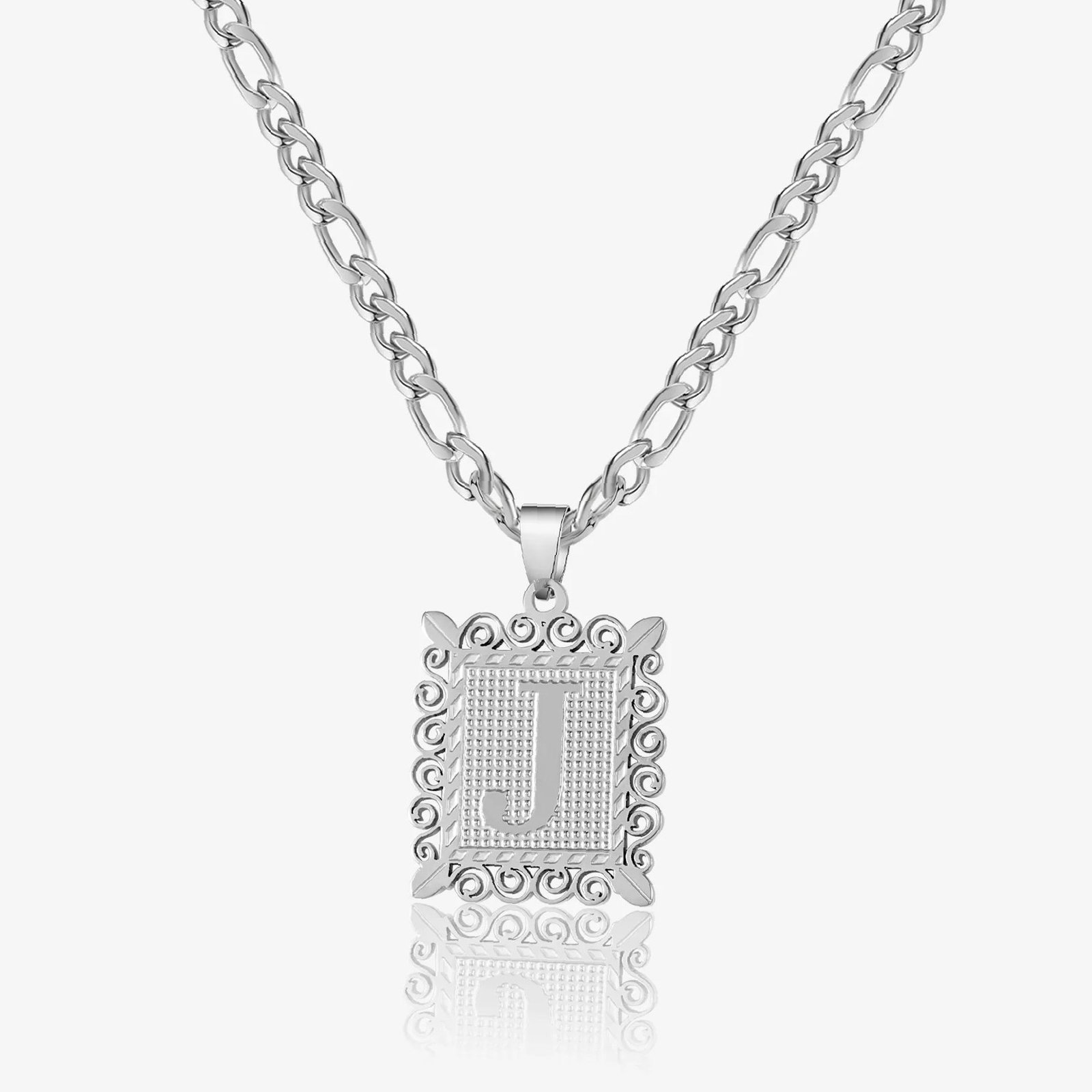 Eng ravely Embossed Initial Necklace with Figaro Chain - Image 9
