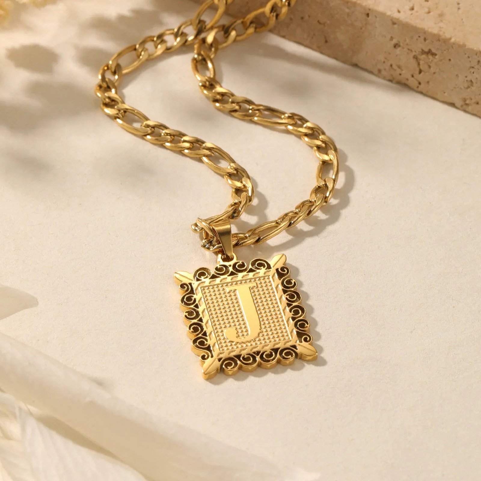 Eng ravely Embossed Initial Necklace with Figaro Chain - Image 10