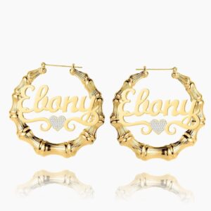 Heart Name Bamboo Hoop Earrings | Custom Premium Metal Name Earring