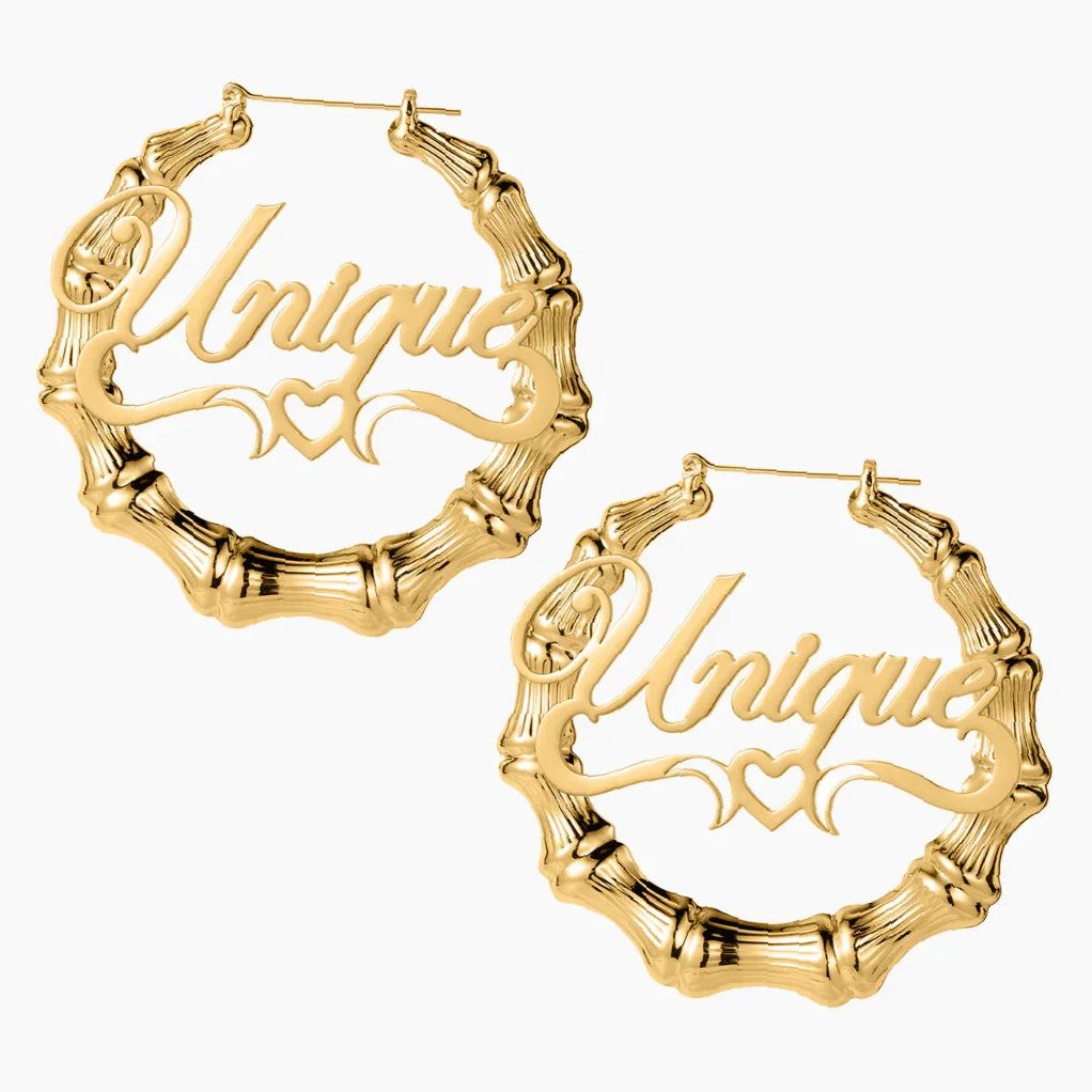 Heart Outline Bamboo Name Hoop Earrings | Custom Premium Metal Alloy Earrings - Engravely