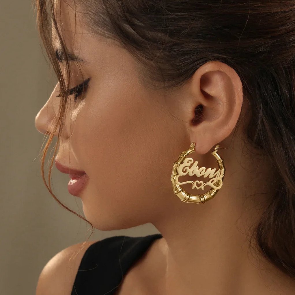 Heart Outline Bamboo Name Hoop Earrings | Custom Premium Metal Alloy Earrings - Engravely - Image 2