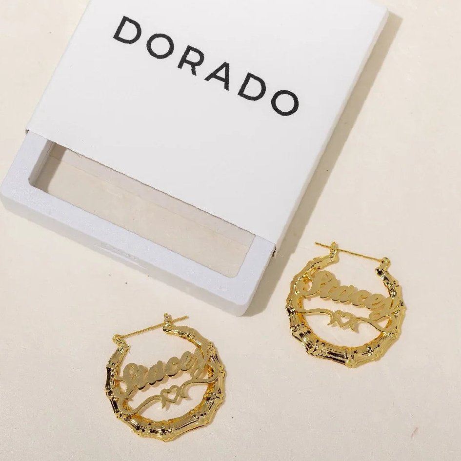 Heart Outline Bamboo Name Hoop Earrings | Custom Premium Metal Alloy Earrings - Engravely - Image 3