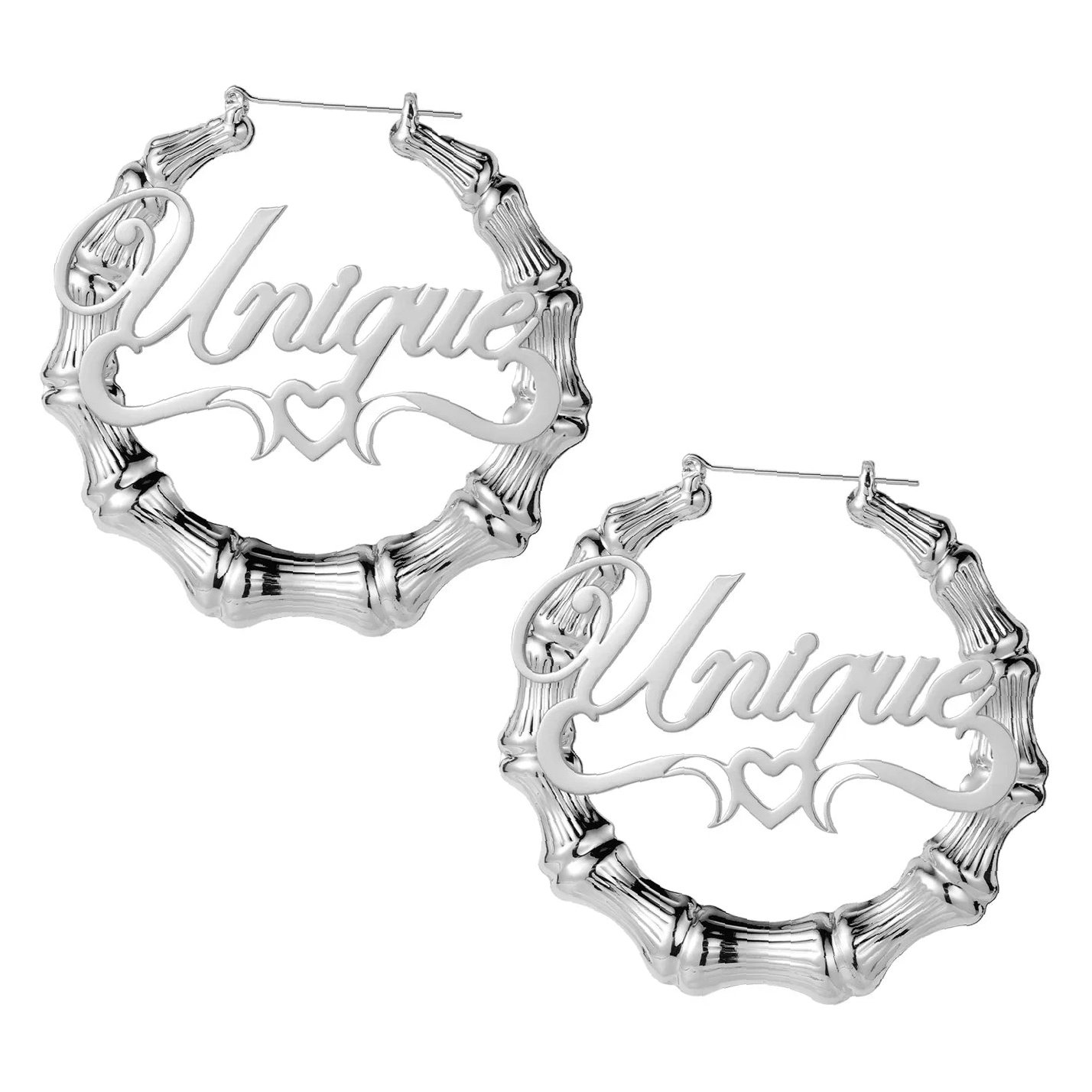 Heart Outline Bamboo Name Hoop Earrings | Custom Premium Metal Alloy Earrings - Engravely - Image 5
