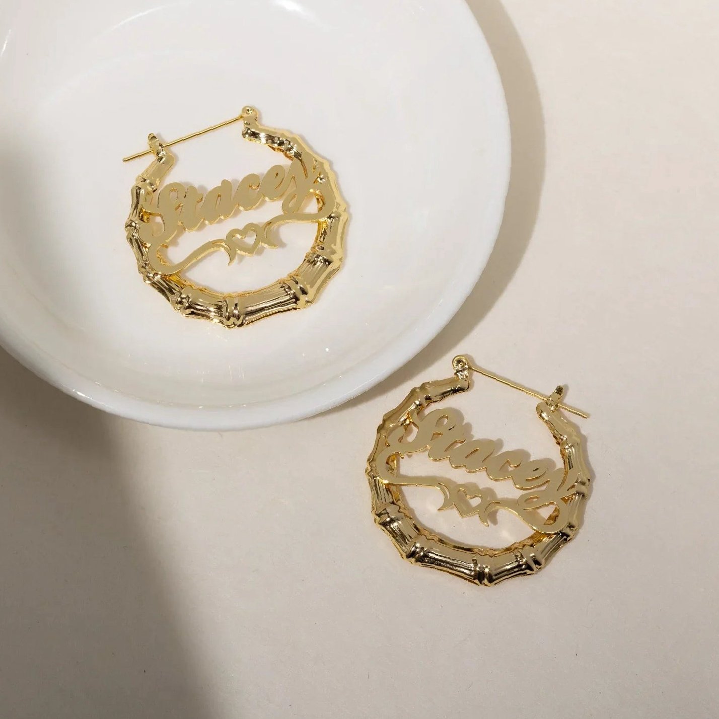 Heart Outline Bamboo Name Hoop Earrings | Custom Premium Metal Alloy Earrings - Engravely - Image 6