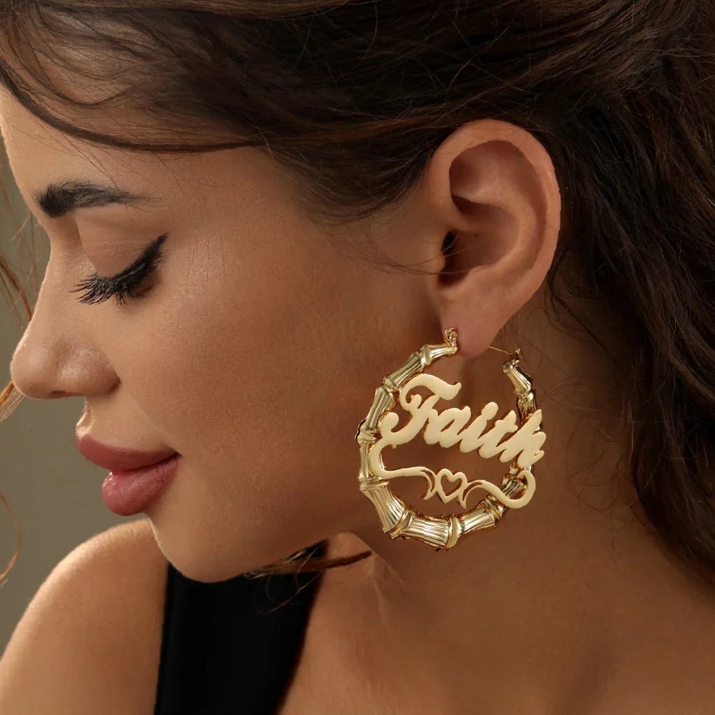 Heart Outline Bamboo Name Hoop Earrings | Custom Premium Metal Alloy Earrings - Engravely - Image 7