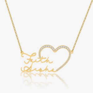 Eng ravely Iced Heart Double Script Name Necklace