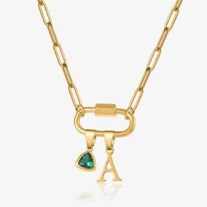 Eng ravely Initial Birthstone with Paper Clip Chain