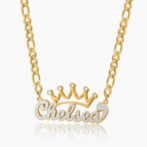 Double Plated Crown Name Necklace w/ Figaro Chain | Kids Custom 18K Gold Plated Jewelry - Engravely