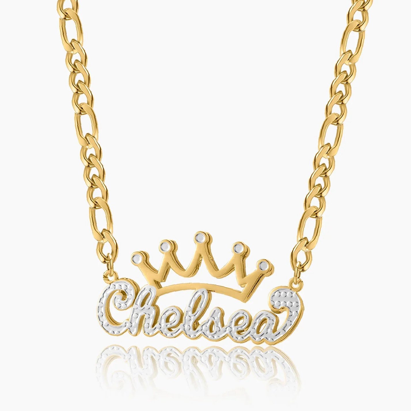 Double Plated Crown Name Necklace w/ Figaro Chain | Kids Custom 18K Gold Plated Jewelry - Engravely