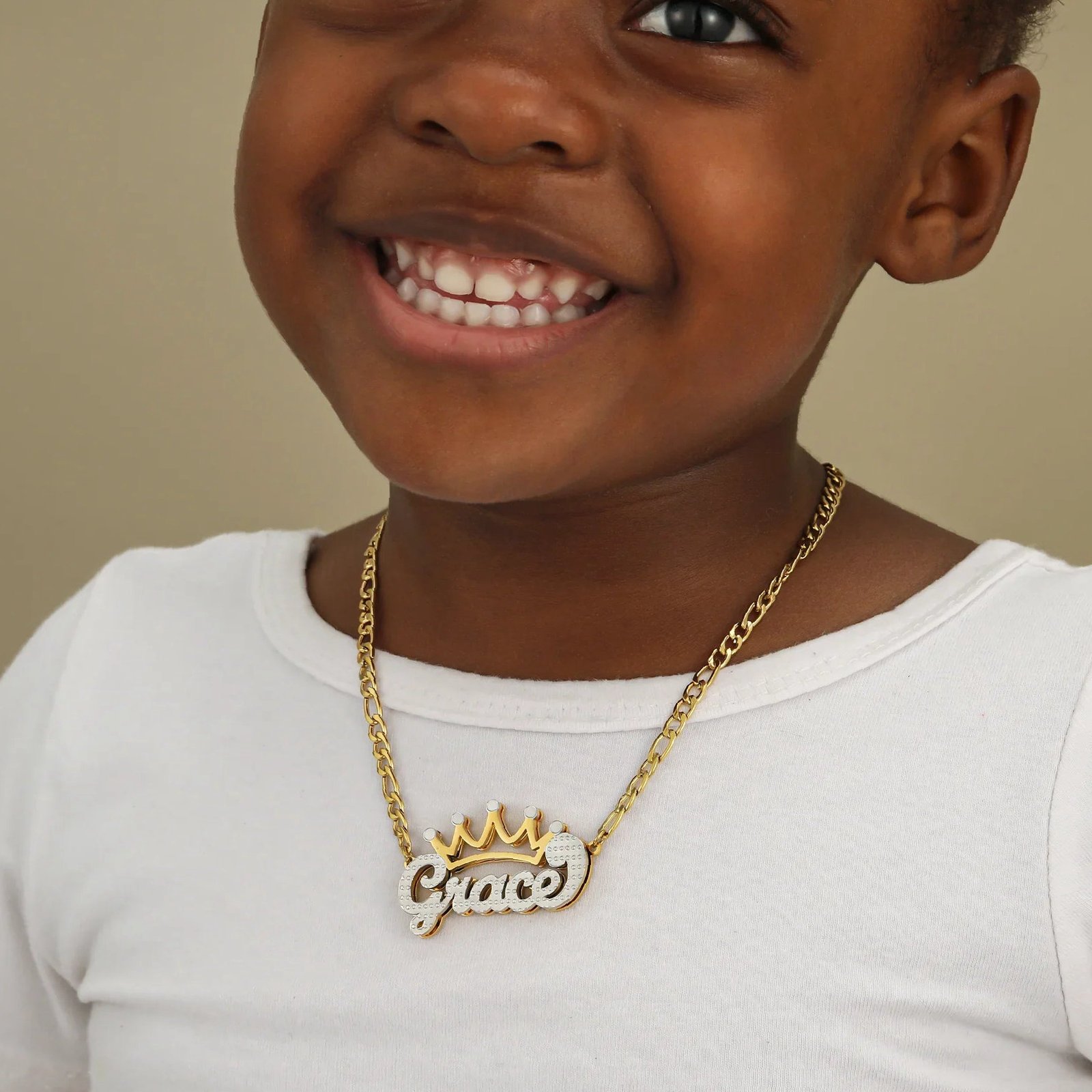 Double Plated Crown Name Necklace w/ Figaro Chain | Kids Custom 18K Gold Plated Jewelry - Engravely - Image 2