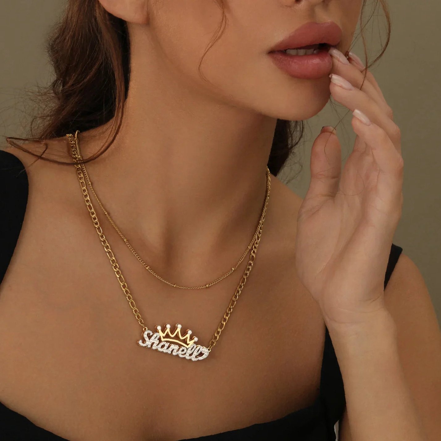 Double Plated Crown Name Necklace w/ Figaro Chain | Kids Custom 18K Gold Plated Jewelry - Engravely - Image 3