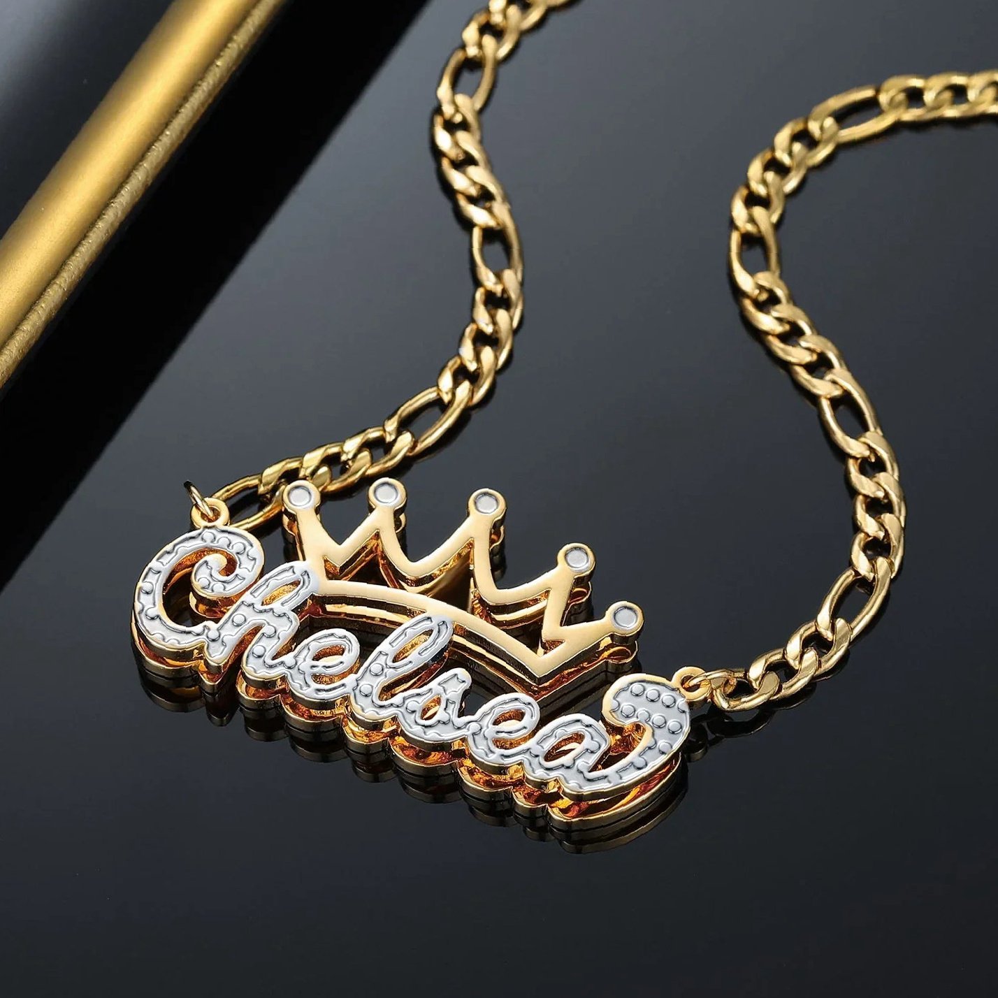 Double Plated Crown Name Necklace w/ Figaro Chain | Kids Custom 18K Gold Plated Jewelry - Engravely - Image 4