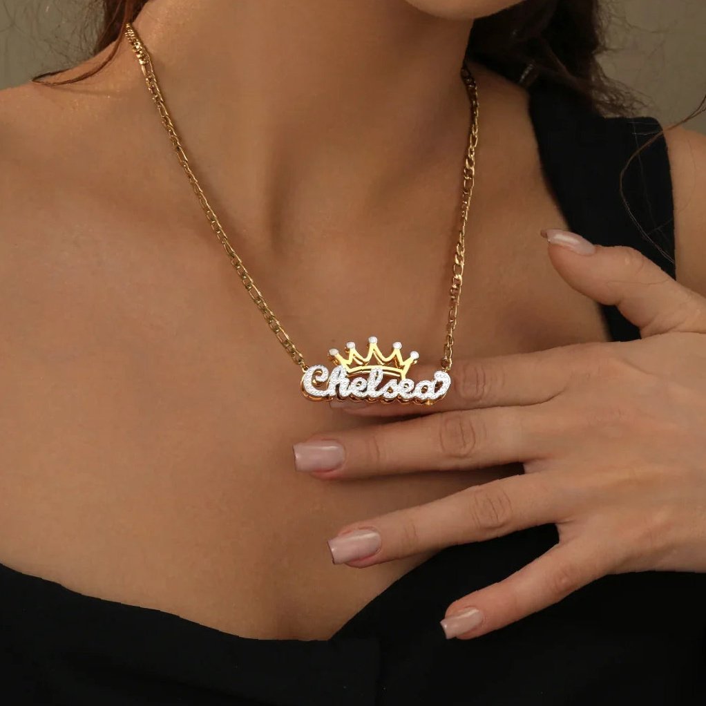 Double Plated Crown Name Necklace w/ Figaro Chain | Kids Custom 18K Gold Plated Jewelry - Engravely - Image 5