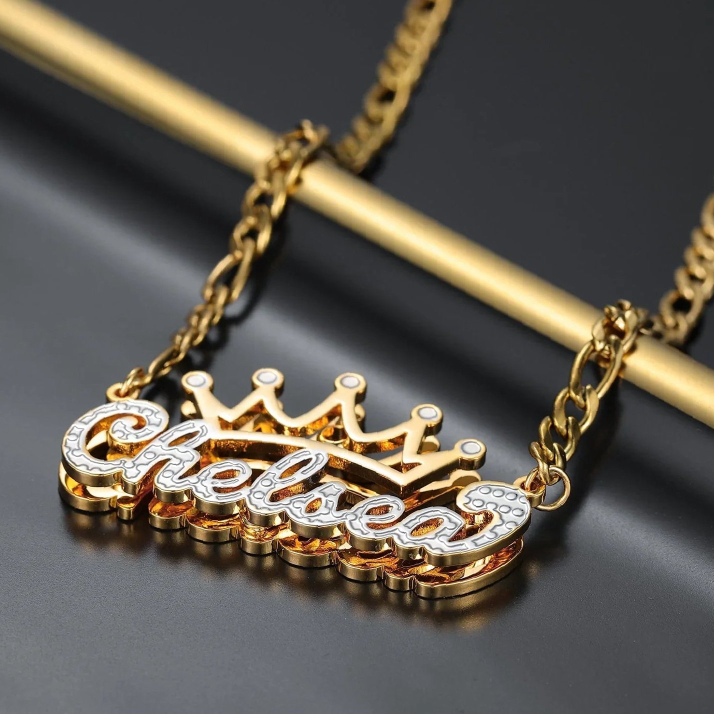 Double Plated Crown Name Necklace w/ Figaro Chain | Kids Custom 18K Gold Plated Jewelry - Engravely - Image 7
