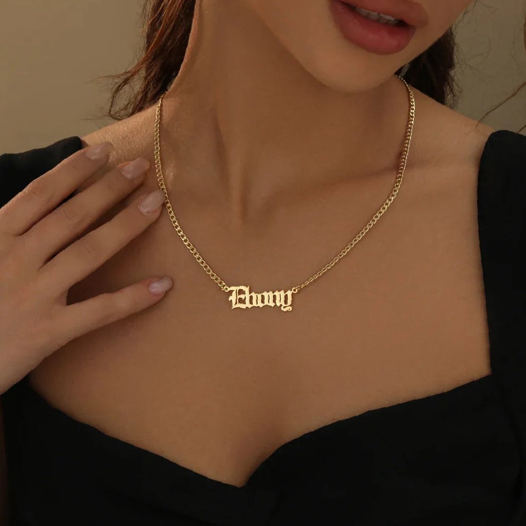 Gothic Name Necklace w/ Cuban Chain | Kids Custom Stainless Steel Jewelry - Engravely - Image 4