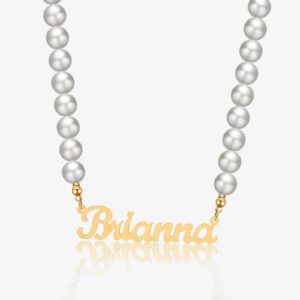 Custom Name Necklace w/ Pearl Chain | Custom Premium Metal Alloy Name Necklace - Engravely